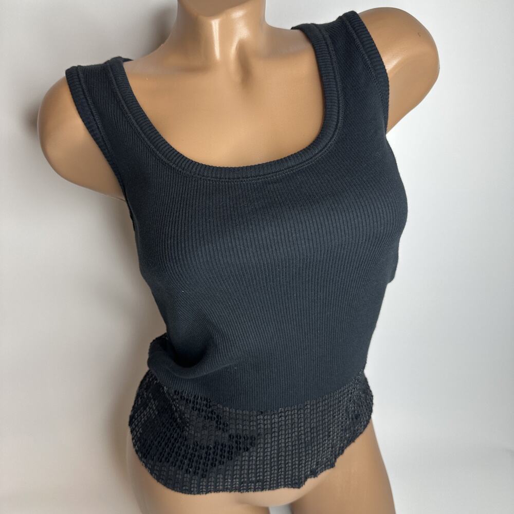 Sand White Black Ribbed Tank Top S Sequin Hem Y2K Indie Sleaze Partywear